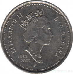 Монета. Канада. 5 центов 2002 год. 50 лет правления Елизаветы II.