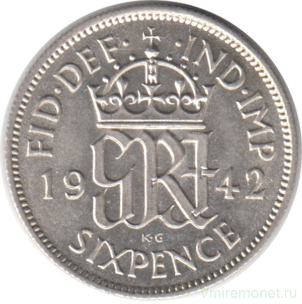 Монета. Великобритания. 6 пенсов 1942 год.