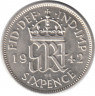 Монета. Великобритания. 6 пенсов 1942 год.