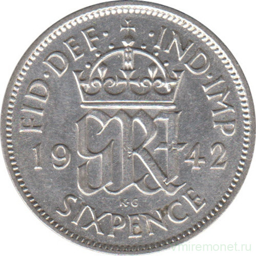 Монета. Великобритания. 6 пенсов 1942 год.