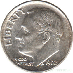 Монета. США. 10 центов 1962 год. Серебряный дайм Рузвельта.
