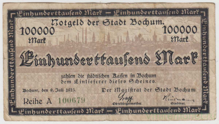 Бона. Нотгельд. Германия. Город Бохум. 100000 марок 1923 год.