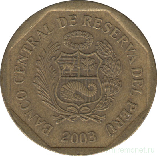 Монета. Перу. 10 сентимо 2003 год.