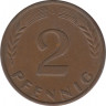  Монета. ФРГ. 2 пфеннига 1958 год. Монетный двор - Карлсруэ (G). рев.