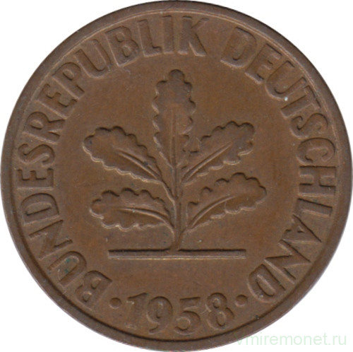 Монета. ФРГ. 2 пфеннига 1958 год. Монетный двор - Карлсруэ (G).