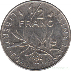 Монета. Франция. 1/2 франка 1994 год. Пчела ( знак гравёра ).