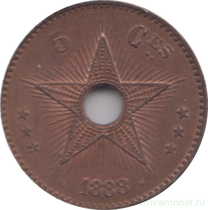 Монета. Свободное государство Конго (Бельгийское Конго). 5 сантимов 1888 год.