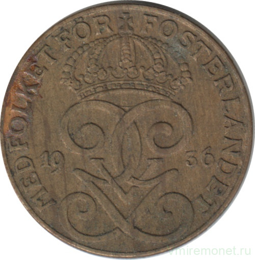 Монета. Швеция. 2 эре 1936 год (6 - длинный хвост)