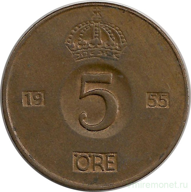 Монета. Швеция. 5 эре 1955 год.