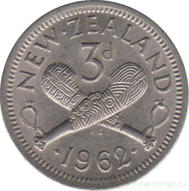 Монета. Новая Зеландия. 3 пенса 1962 год.