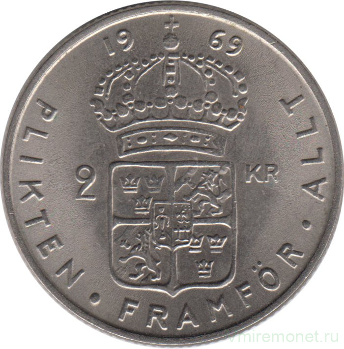Монета. Швеция. 2 кроны 1969 год.