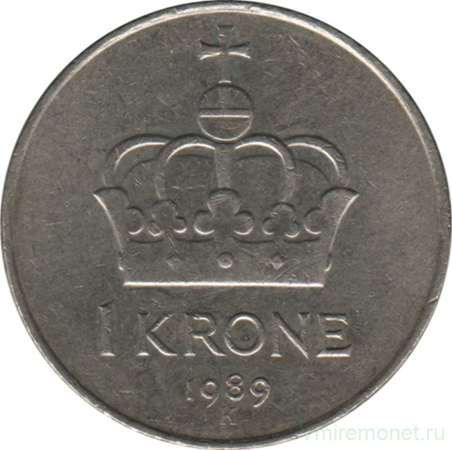 Монета. Норвегия. 1 крона 1989 год.