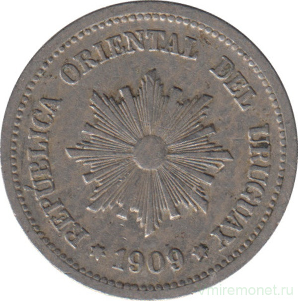 Монета. Уругвай. 2 сентесимо 1909 год.