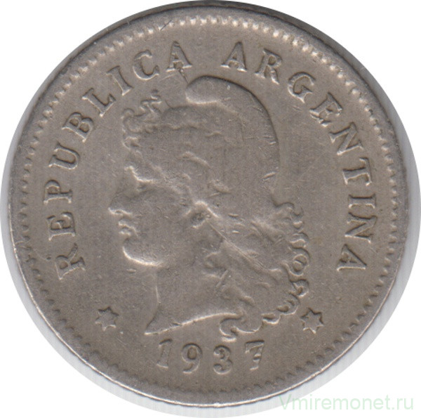 Монета. Аргентина. 10 сентаво 1937 год.
