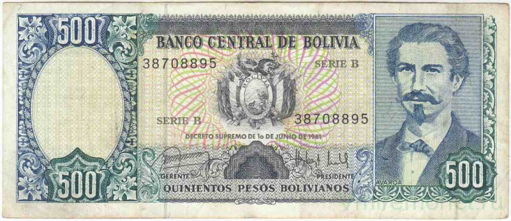 Банкнота. Боливия. 500 песо 1981 год. Тип 166а.