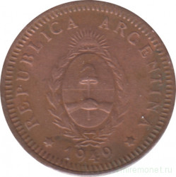 Монета. Аргентина. 2 сентаво 1949 год.