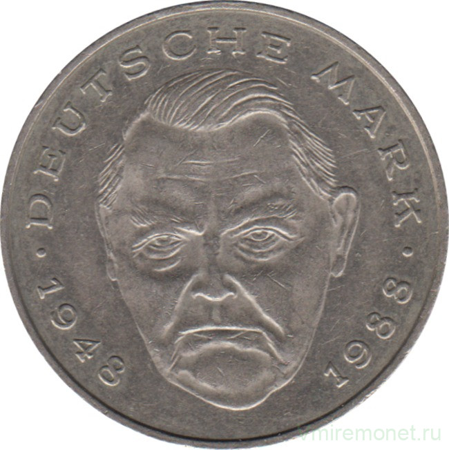 Монета. ФРГ. 2 марки 1989 год. Людвиг Эрхард. Монетный двор - Мюнхен (D).