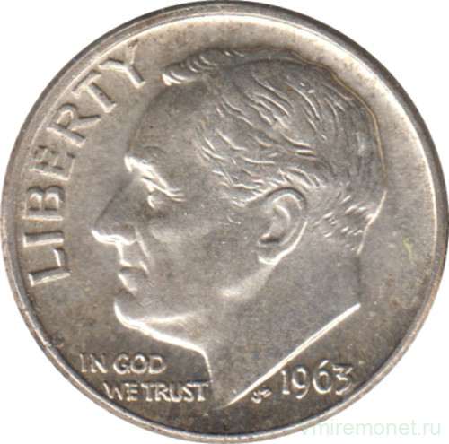 Монета. США. 10 центов 1963 год. Серебряный дайм Рузвельта. Монетный двор D.
