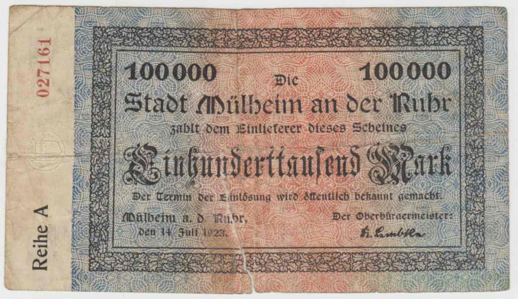 Бона. Нотгельд. Германия. Город Мюльхайм на Руре. 100000 марок 1923 год.