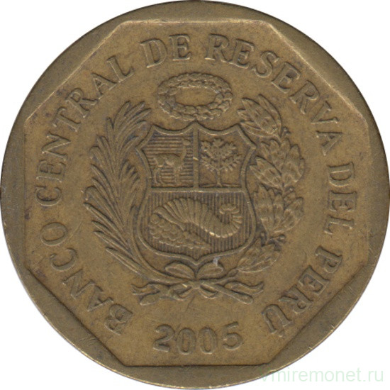 Монета. Перу. 10 сентимо 2005 год.