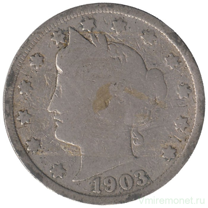 Монета. США. 5 центов 1903 год. Монета. США. 5 центов 1903 год.