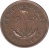 Монета. Ньюфаундленд. 1 цент 1942 год. ав.