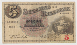 Банкнота. Швеция. 5 крон 1945 год.