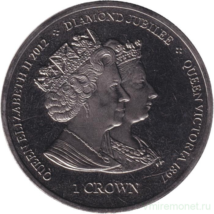 Монета. Великобритания. Остров Мэн. 1 крона 2013 год. 60 лет коронации Королевы Елизаветы II. Елизавета II и Виктория.