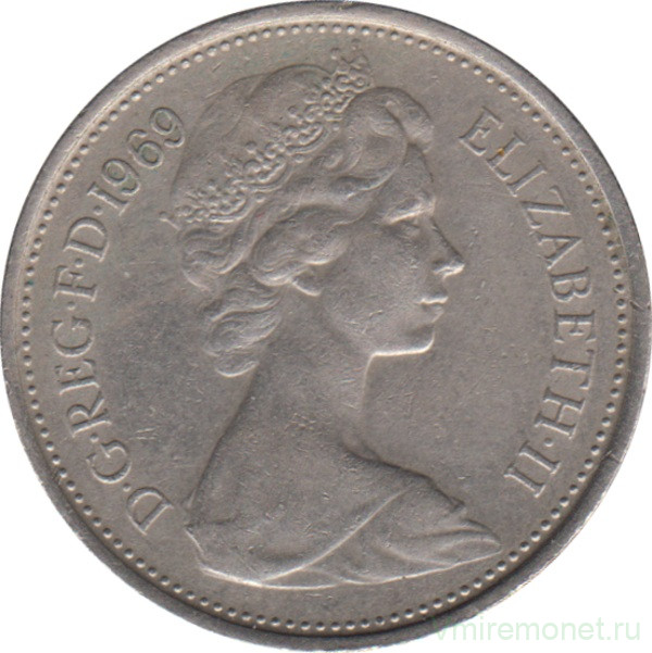 Монета. Великобритания. 5 новых пенсов 1969 год.