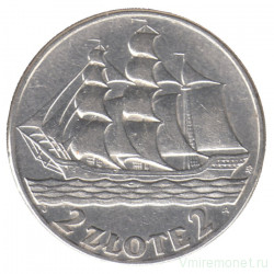Монета. Польша. 2 злотых 1936 год. Корабль парусник Дар Поморья.