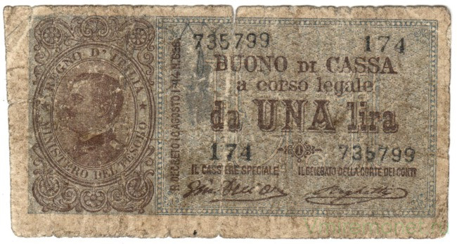 Банкнота. Италия. 1 лира 1914 год. Тип 36b.