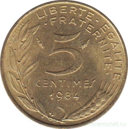 Монета. Франция. 5 сантимов 1984 год.