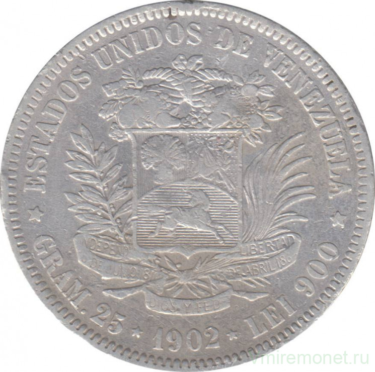 Монета. Венесуэла. 5 боливаров 1902 год.