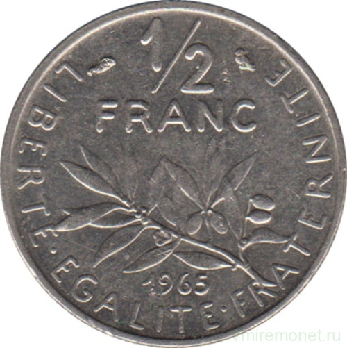 Монета. Франция. 1/2 франка 1965 год. Реверс - крупные буквы.