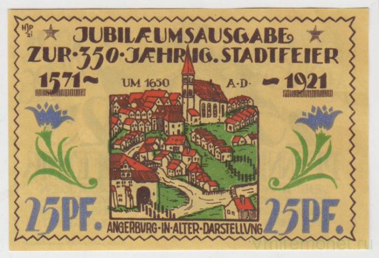 Бона. Нотгельд. Германия. Город Ангербург. 25 пфеннигов 1921 год. Вариант 33.1.а.