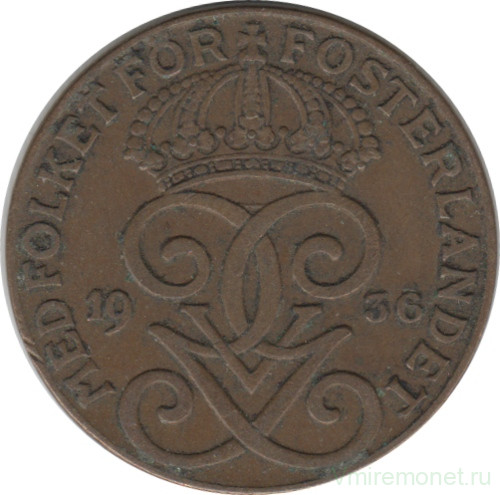 Монета. Швеция. 2 эре 1936 год (6 - короткий хвост).