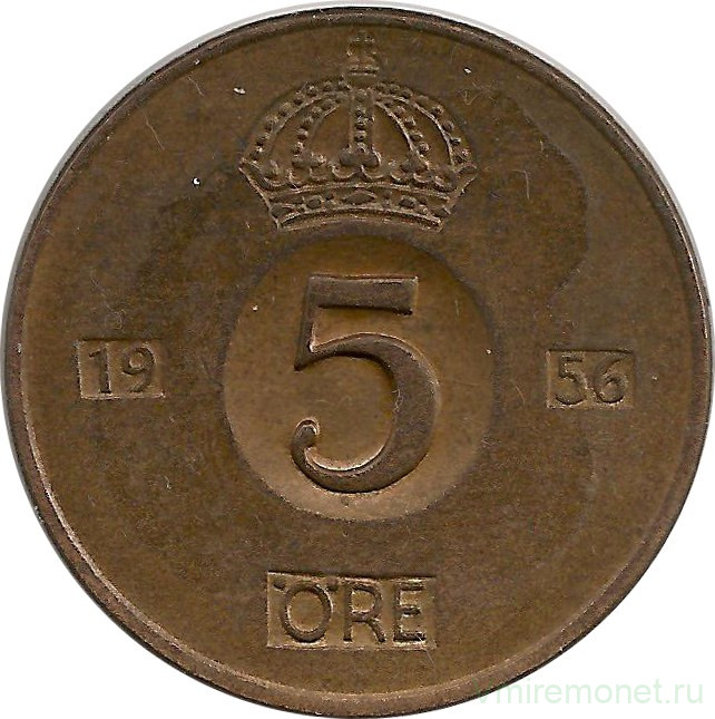 Монета. Швеция. 5 эре 1956 год.