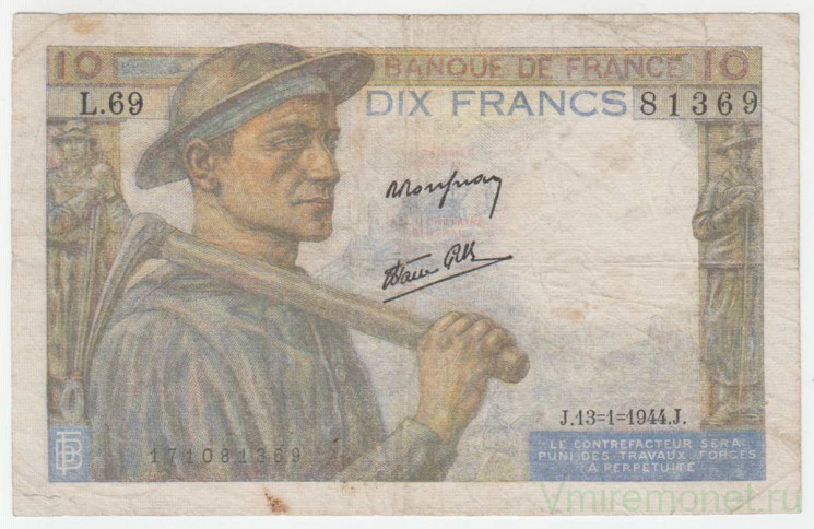 Банкнота. Франция. 10 франков 1944 год.