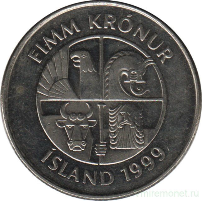 Монета. Исландия. 5 крон 1999 год.