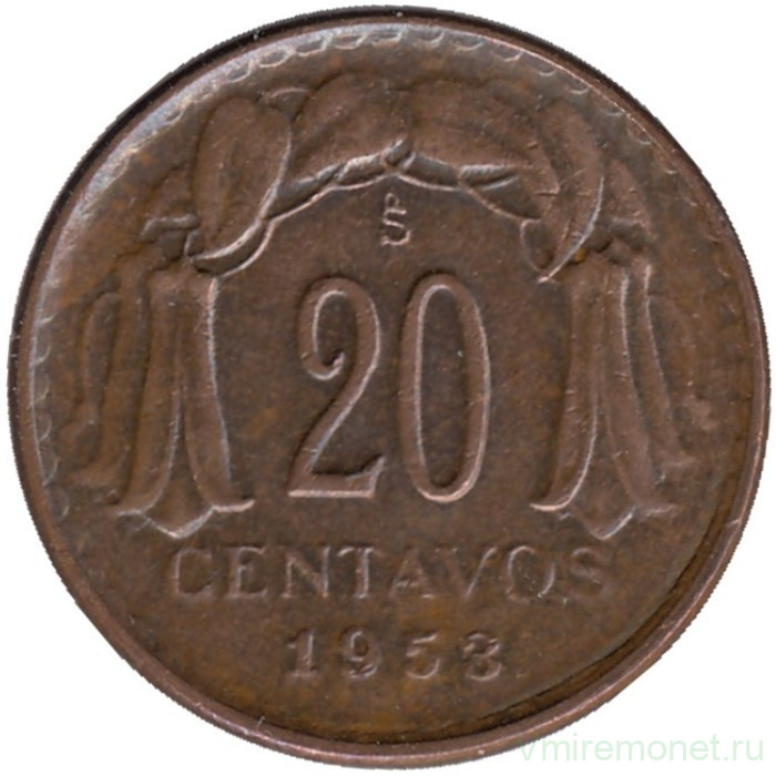 Монета. Чили. 20 сентаво 1953 год.