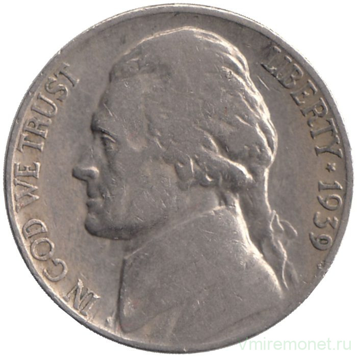 Монета. США. 5 центов 1939 год. Монетный двор S.