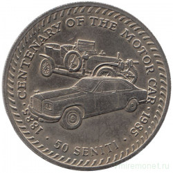 Монета. Тонга. 50 сенити 1985 год. 100 лет автоиндустрии "Роллс-Ройс".
