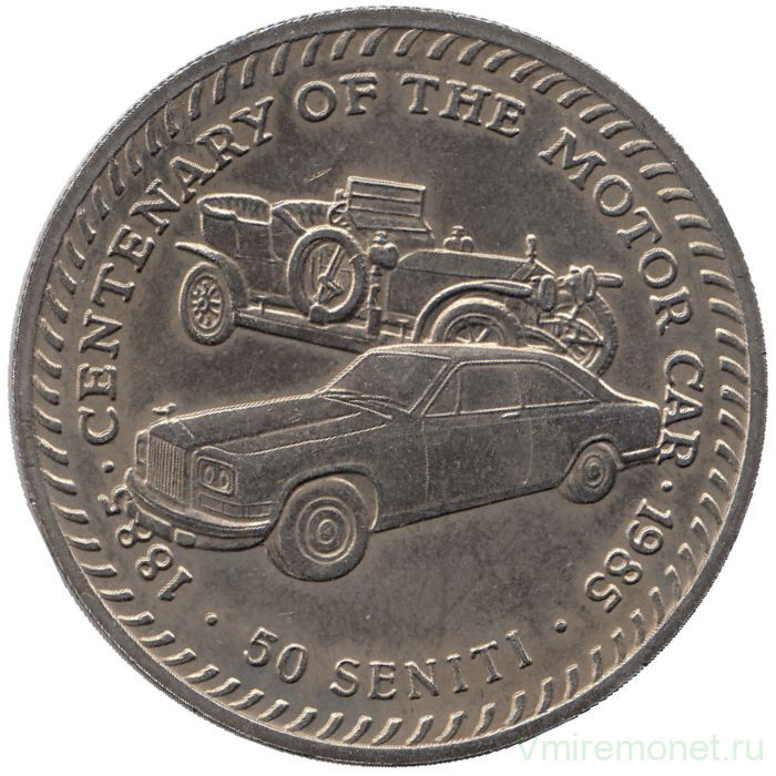 Монета. Тонга. 50 сенити 1985 год. 100 лет автоиндустрии "Роллс-Ройс".