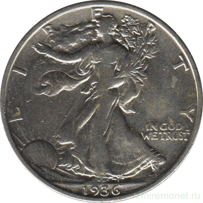 Монета. США. 50 центов 1936 год. Шагающая свобода. Монетный двор - Сан-Франциско (S).