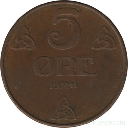 Монета. Норвегия. 5 эре 1941 год (бронза).