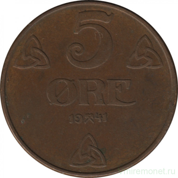 Монета. Норвегия. 5 эре 1941 год (бронза).