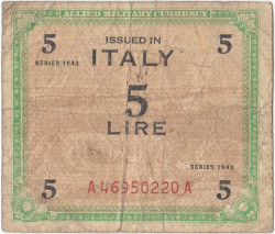 Банкнота. Италия. Оккупация союзников. 5 лир 1943 год. Тип М12a.