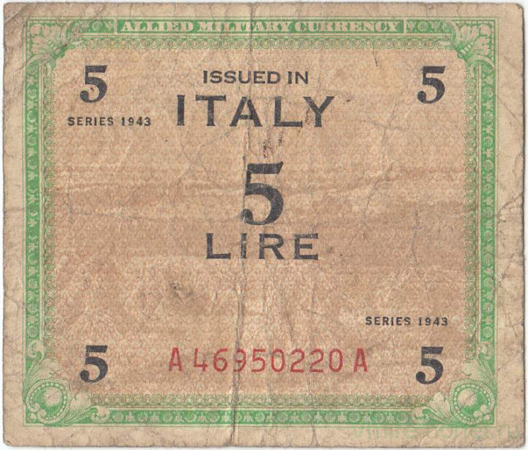 Банкнота. Италия. Оккупация союзников. 5 лир 1943 год. Тип М12a.