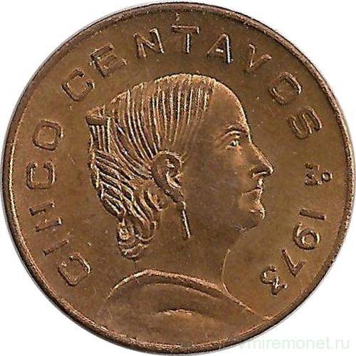 Монета. Мексика. 5 сентаво 1973 год. Цифра 3 - плоская.