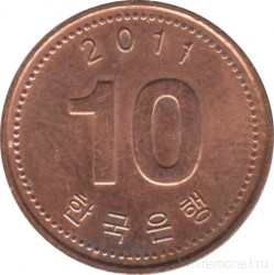 Монета. Южная Корея. 10 вон 2011 год.